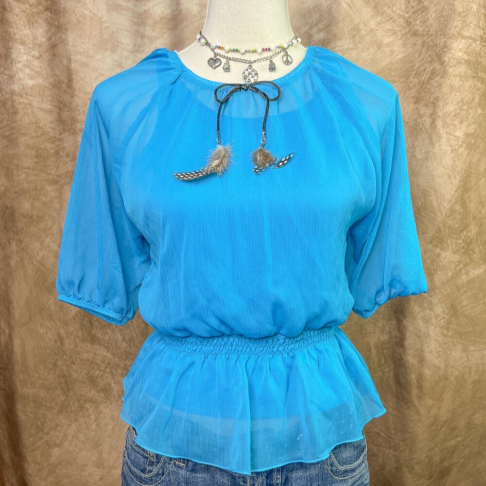 Chiffon Mesh Peplum Blouse Puffy Sleeve Feather Tie Blue Top Vintage Y2K Boho